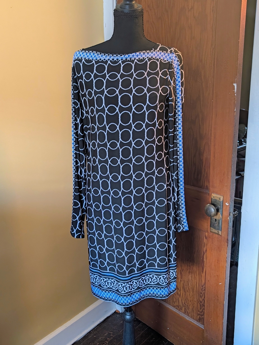 Joseph Ribkoff Black Dress with Blue Geometric Trim